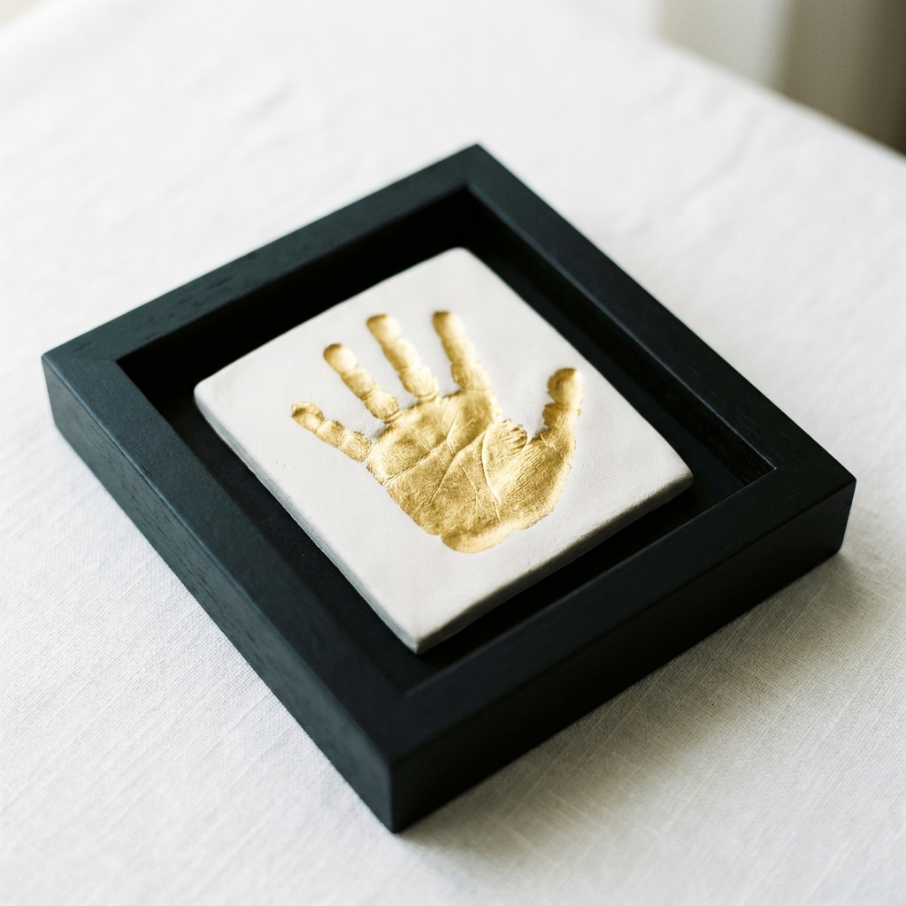 Close-up of gold-painted baby handprint clay impression