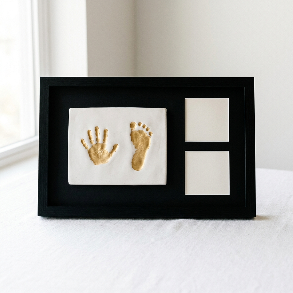 Baby Handprint & Footprint Keepsake Frame - black frame, gold clay handprint and footprint impressions, two photo slots