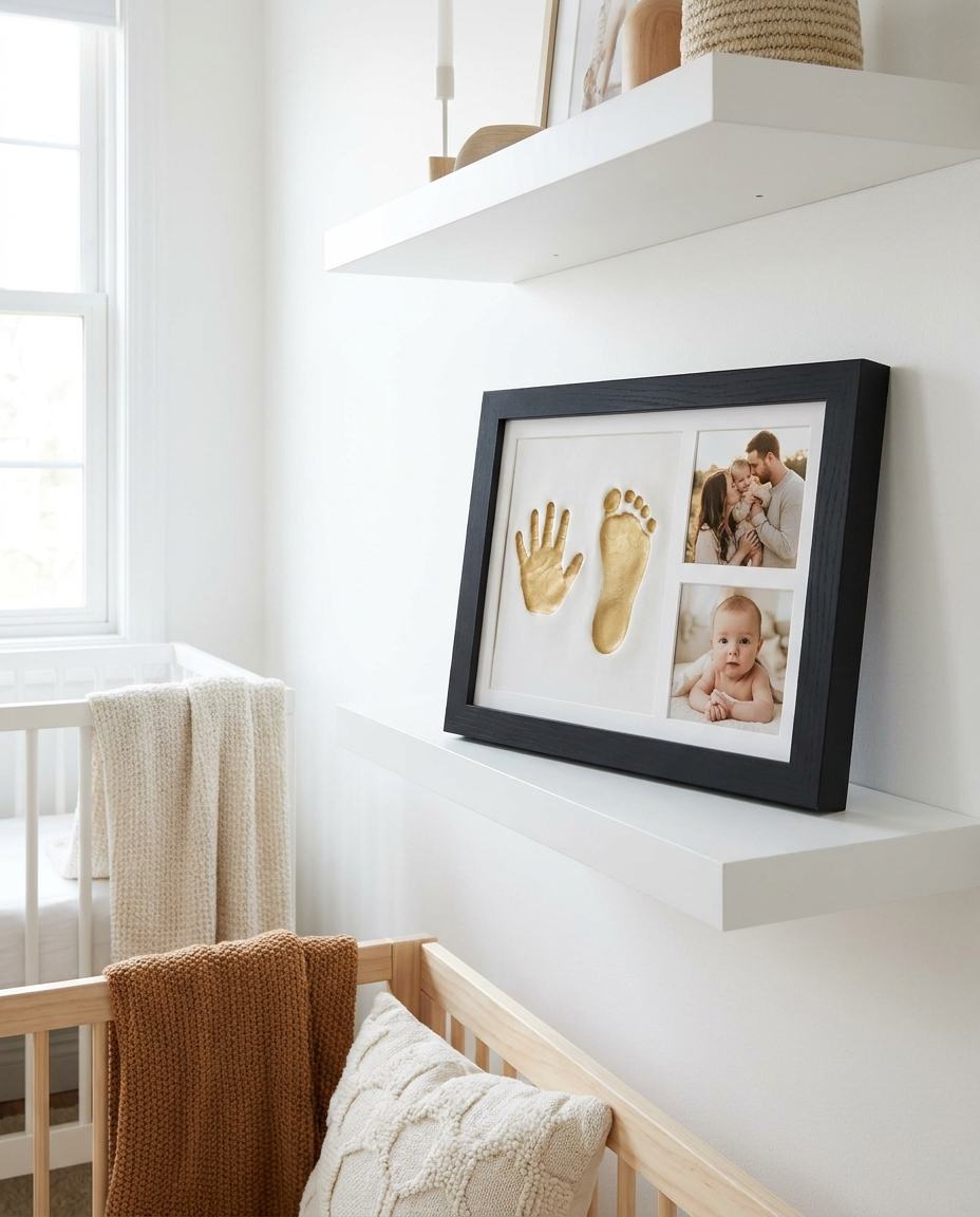 Baby keepsake frame displayed on nursery shelf