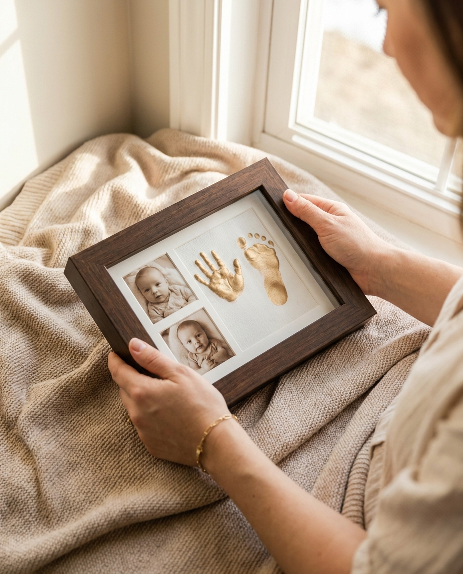 Mother holding baby keepsake frame with gold handprint and footprint